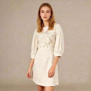 $655 NWT SEE BY CHLOÉ Embroidery Mini Dress Cream Size 36 Pleated Sleeves